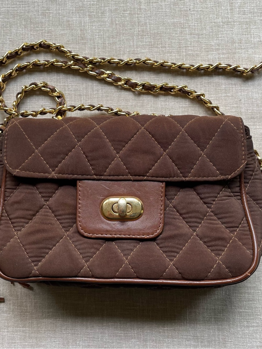 Quilted Brown Crossbody Bag Leather Interior Gold Chain Tassel Turn Lock